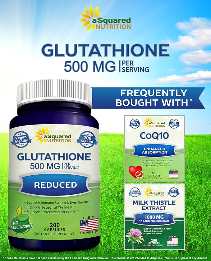 aSquared Nutrition Reduced Glutathione 500mg Per Serving Supplement -200 Capsules -L-Glutathione Antioxidant to Support Liver Health &amp Detox - Max Strength Powder Pills to Help Immune &amp Brain