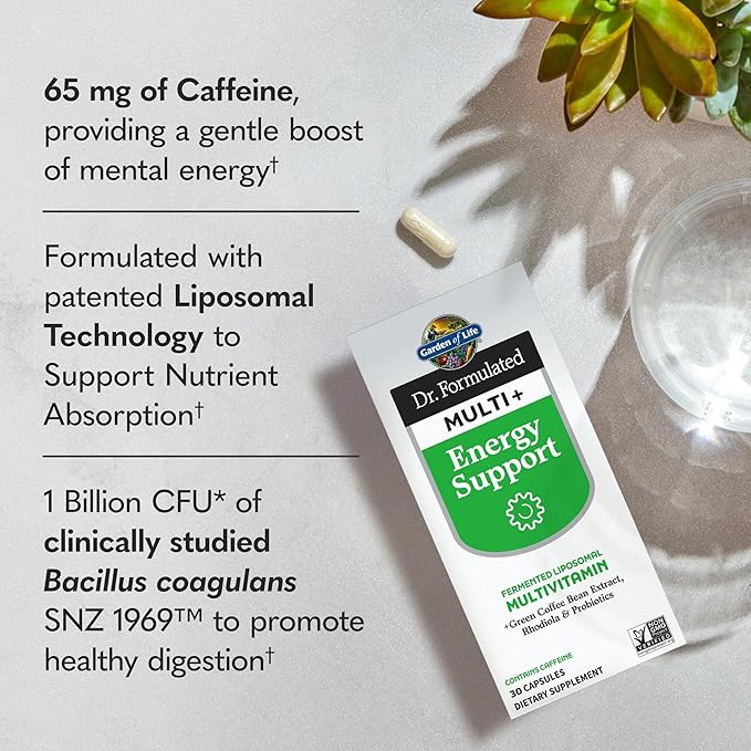 Garden of Life Dr. Formulated Multi+ Energy Support: Fermented Liposomal Multivitamin + Green Coffee Bean Extract Rhodiola &amp Probiotics - Boost Energy Support Digestion &amp Immune Health 30 C