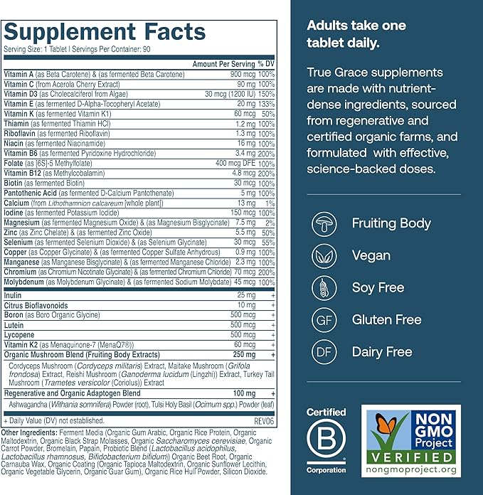True Grace One Daily Men’s Multivitamin Fermented Minerals Organic Adaptogens &amp Mushrooms Whole Body Balance Immune Endurance Bone &amp Heart Support - Non-GMO Gluten Free - 90 Vegan Tablets