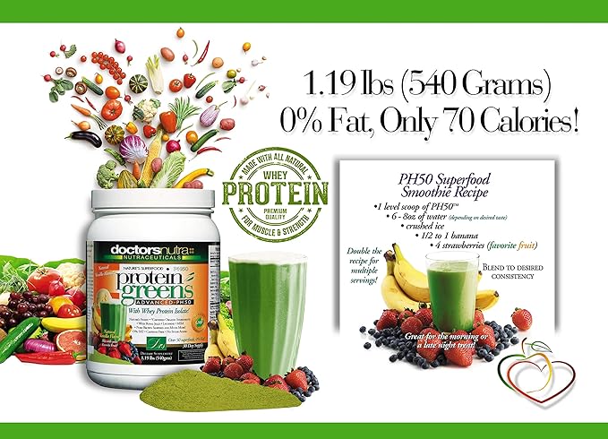 PH50 Whey Protein Greens Drink with Certified Organic Ingredients 1.19 Pounds (540 Grams) 50 Superfoods with Digestive Enzymes Natural Vanilla Flavor