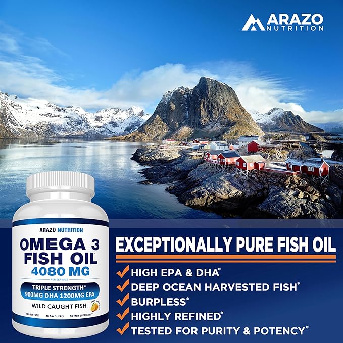 Arazo Nutrition Wild Caught Omega-3 Fish Oil Concentrate – 4080mg per Serving – High EPA 1200mg &amp DHA 900mg – 120 Burpless Lemon Softgels