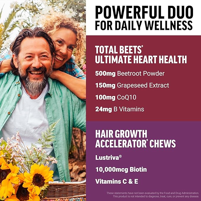 Force Factor Hair Growth Accelerator Mixed Berry 60 Soft Chews + Total Beets Ultimate Heart Health Blood Pressure Support Chews with CoQ10 Pomegranate Berry 60 Soft Chews