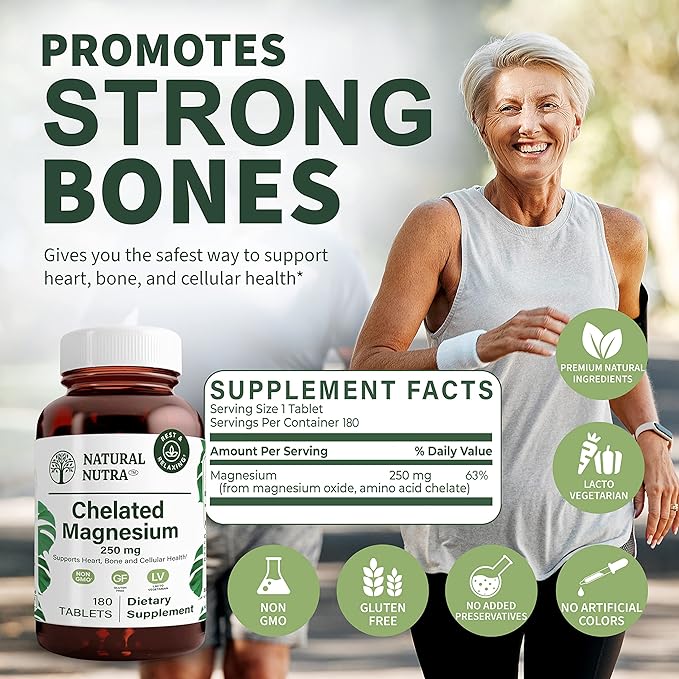 Natural Nutra Chelated Magnesium Oxide 250 mg - High Absorption for Strong Bones Heart Health Energy Boost Gluten-Free Non-GMO 180 Tablets (2 Pack) in BPA-Free Recyclable Glass Bottles