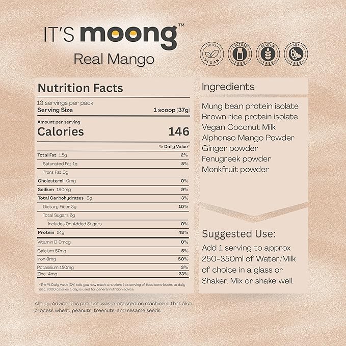 IT’S Moong Plant Protein Powder Real Mango Flavor | Mung Bean &amp Brown Rice Protein Isolate Ginger &amp Fenugreek 24g Protein 4.7g BCAAs | Vegan Gluten Free Dairy Free Soy Free Sugar Free 1
