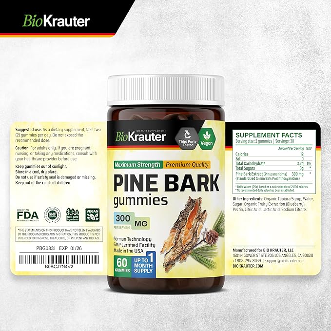 BIO KRAUTER® Pine Bark Extract for Skin &amp Antioxidant Support - French Maritime Pine Bark Gummies 300 mg for Clear Skin - 90 Gummies 45-Day Supply - Non-GMO Blueberry Flavor