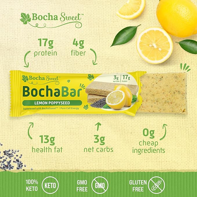 BochaSweet Keto Protein Bar Lemon Poppyseed BochaBar 17g Grass Fed Collagen Low Carb Keto-Friendly Gluten Free 4 Count