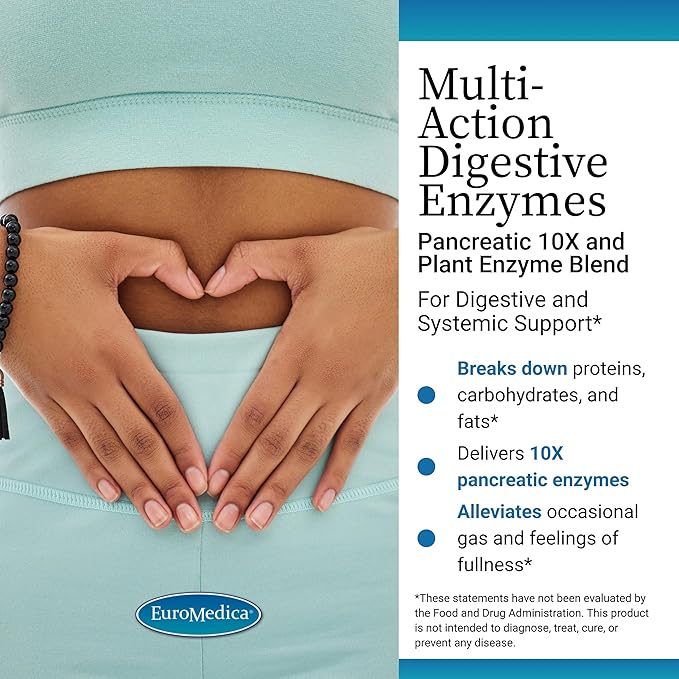 EuroMedica Multi-Action Digestive Enzymes - Digestion Supplement for Nutrient Absorption - Includes Undiluted Pancreatic Enzymes - Gluten-Free Dairy-Free &amp Non-Soy - 90 Tablets (45 Servings)