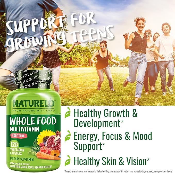 NATURELO Multivitamins for Teenage Girls/Boys 120 Capsules Whole Food Multivitamin with Minerals Non-GMO Vegetarian