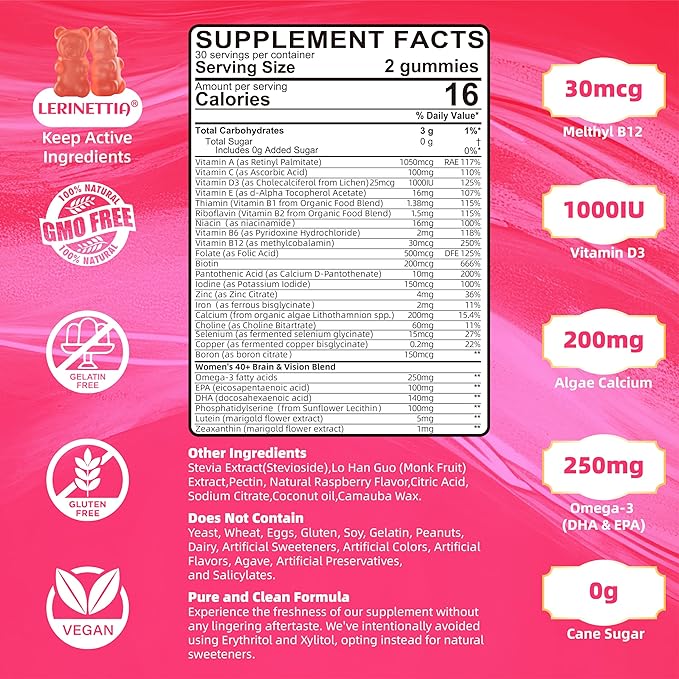 Multivitamin for Women Gummies for 40+ with Omega-3 Niacinamide B-Complex Lutein Iron Choline Phosphatidylserine Vitamin D3 - Vegan Sugar Free 60Count