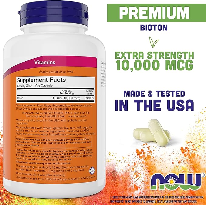 NOW Foods Extra Strength Biotin 10000mcg / 10 mg - 200 Veg Capsules (Pack of 2) - Hair Skin Nail - Supplement for Men and Women - B7 Vitamin - Vegetarian Vegan Non-GMO