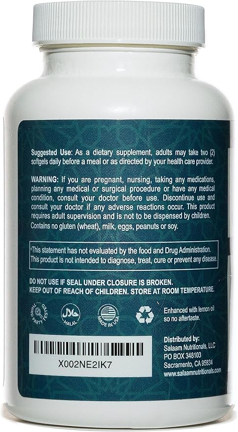 Salaam Nutritionals Halal Fish Oil Burpless Omega 3 DHA+ EPA 2000mg for Heart Eye Brain and Joint Health.