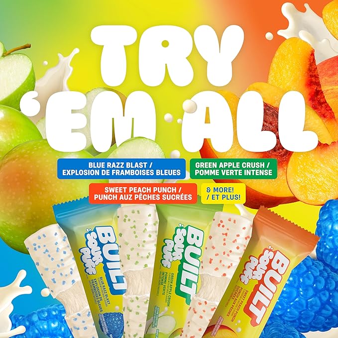 BUILT Bar Sour Puff Protein Bars - Sweet Peach Punch - 16g Protein Snack Bars with Collagen - Calorie Conscious &amp Gluten Free - 12 Count