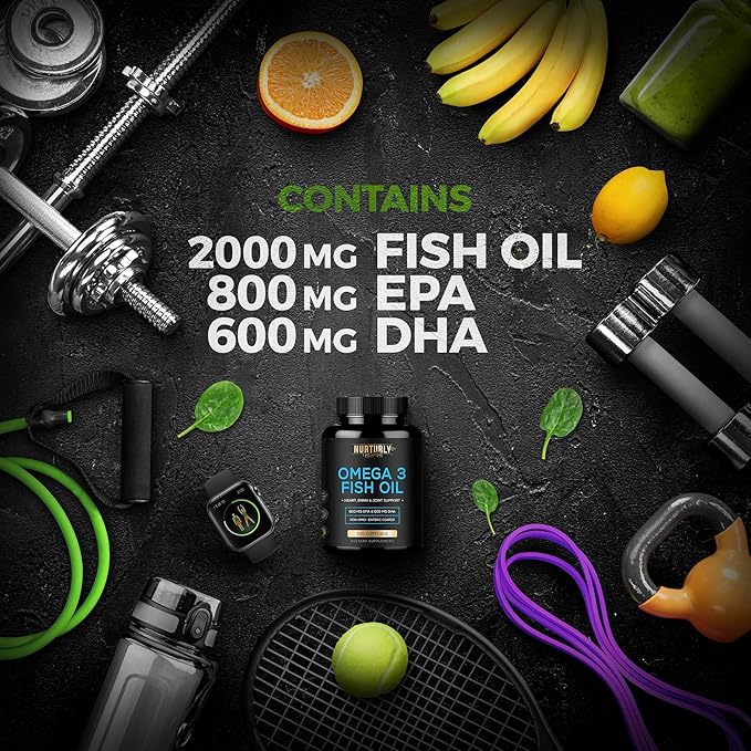 Omega 3 Fish Oil 2000mg 800mg EPA and 600mg DHA - Enteric Coated and Burpless - Supports Brain and Heart - Burpless Non-GMO 3rd Party Lab Tested and NSF Certified - 120 Softgels