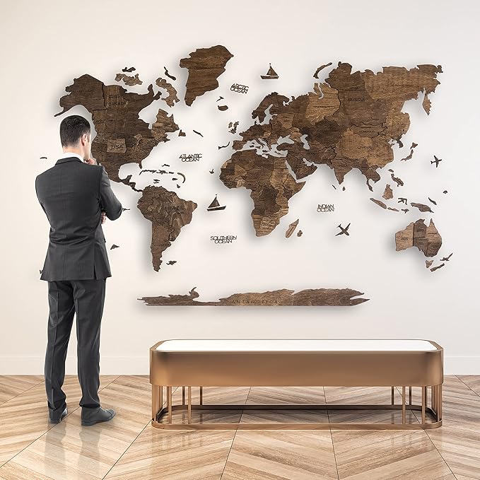 Handmade 3D Wood World Map Wall Art Large Wall Decor Track Your World Travels - Special for Home Kitchen and Office (X-Large Walnut)