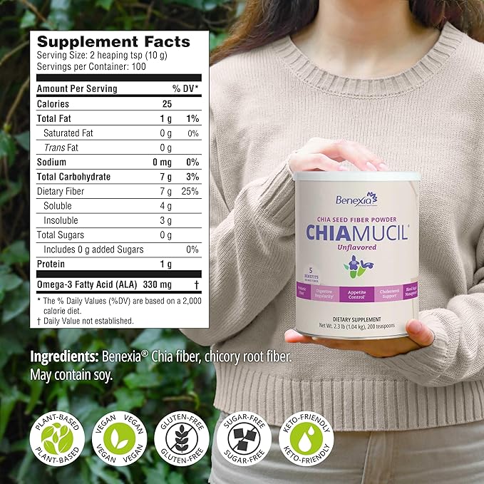 Chiamucil Prebiotic Chia Fiber Supplement Powder – For Appetite Control &amp Digestive Health – Chia Fiber &amp Chicory Root (Inulin) – Gluten &amp Sugar Free Vegan Non-GMO Unflavored - 100 serv