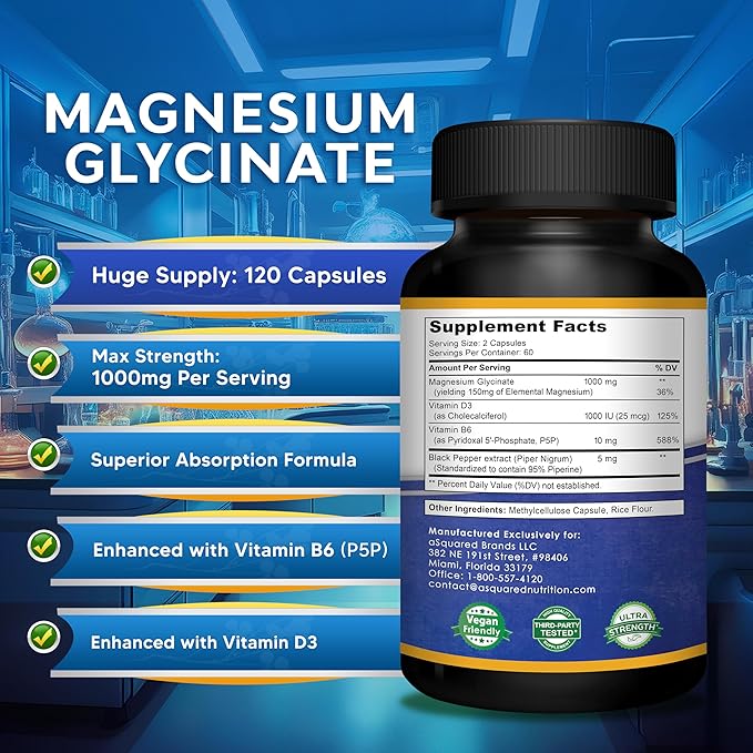 Magnesium Glycinate 1000mg with Vitamin D3 &amp B6-500mg per Capsule - Pure Elemental Mag Supplement Complex for Sleep Muscle Bone Health - Replace Gummies Tablets &amp Powder - 120 Capsules