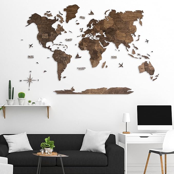 Handmade 3D Wood World Map Wall Art Large Wall Decor Track Your World Travels - Special for Home Kitchen and Office (X-Large Walnut)