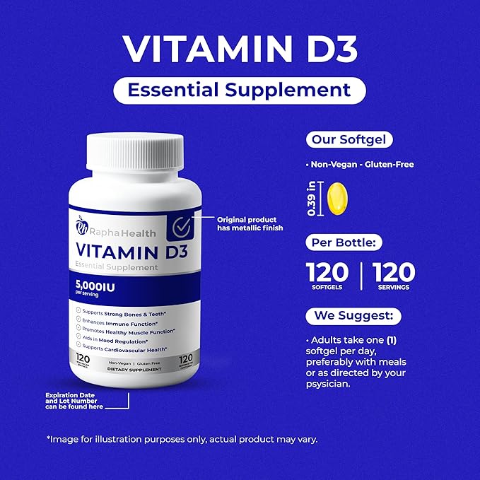 Vitamin D3 High Potency | 5000 IU for Immune Bone and Cardiovascular Support | Enhances Mood and Muscle Function | 120 Softgels - 4 Month Supply