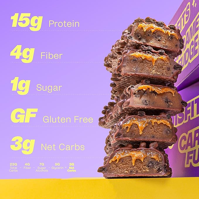 Misfits Vegan Protein Bars - Sweet Caramel Fudge | Nutrition Bars - 15g Protein 1g Sugar Plant-based Low Carb Non-GMO Gluten Free Snacks | Pack of 12