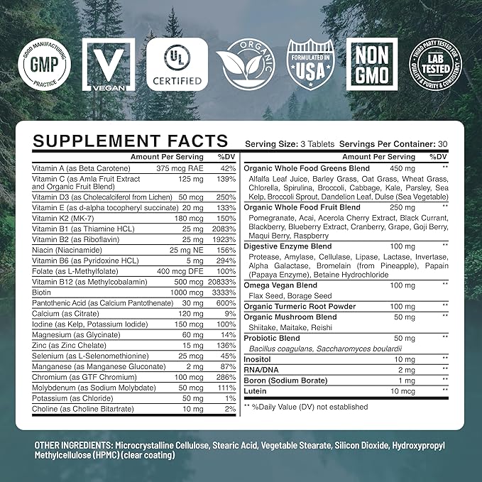 Abundant Earth Whole Food Multivitamin for Women Daily Multi Vitamins Supplements for Men Mens Multivitamins + B Complex Probiotic Multi Enzyme Omegas for Organic Energy Mood Digestion 90ct-2pk