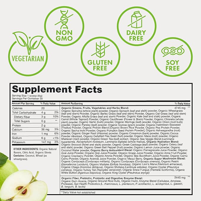 Zena Nutrition Organic Super Greens Powder 70+ Superfoods 0 Sugar 3G Fiber Spirulina Chlorella Mushrooms Prebiotics/Probiotics Digestive Enzymes for Gut Health Green Apple 30 Servings