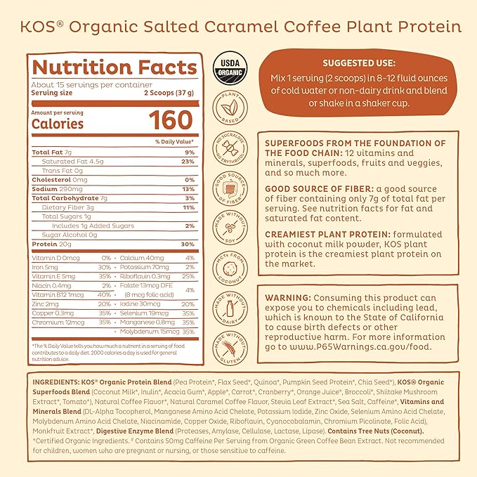 KOS Vegan Protein Powder Salted Caramel Coffee - Low Carb Pea Protein Blend Organic Plant Superfood Rich in Vitamins &amp Minerals - Keto Dairy Free - Meal Replacement for Women &amp Men - 15 Ser