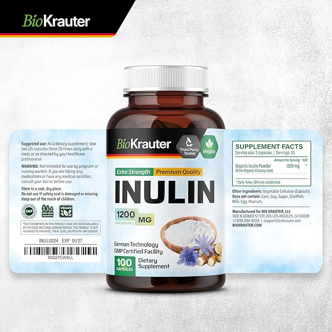 BIO KRAUTER® Inulin Powder from Chicory Root in Capsules 1200 mg per Serving 100 Count - Vegan &amp Pure Inulin Prebiotic Fiber for Gut &amp Digestive Support - No Fillers Non-GMO - 16 Days of Supp