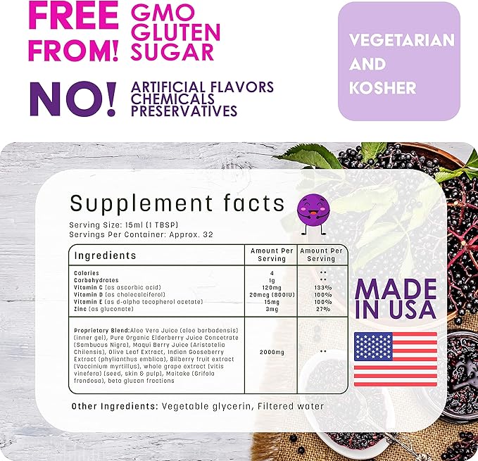 Liquid Kids Immune Support with Organic Elderberry Syrup - Vitamin C D E Zinc | Toddlers &amp Kids Vitamins Immune Support &amp Defense Booster | Sugar Free Vegetarian Immunity System Supplement