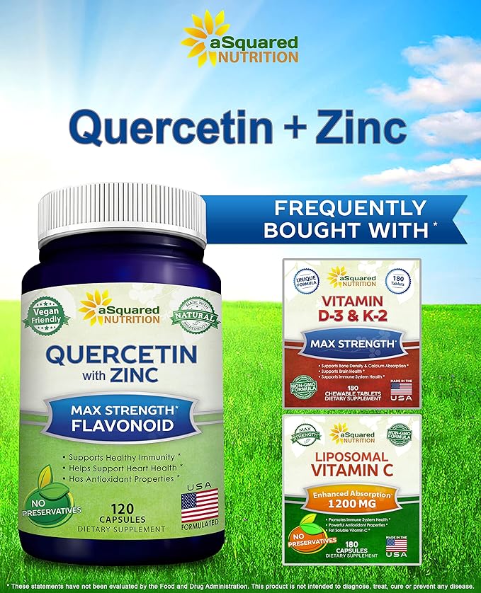aSquared Nutrition Quercetin 1000mg with Zinc Supplement - 120 Capsules - Quercetin Dihydrate with Black Elderberry &amp Zinc - Max Strength Powder Complex Pills to Help Improve Immune Response