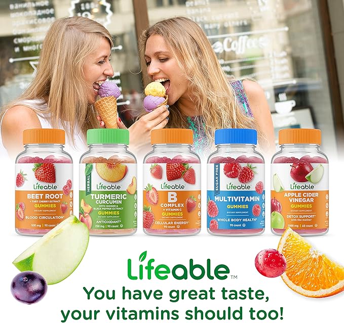 Lifeable Sugar Free Vitamin B12 + Prebiotic Fiber Gummies Bundle - Great Tasting Vitamin Supplement Gluten Free GMO Free Chewable Gummy
