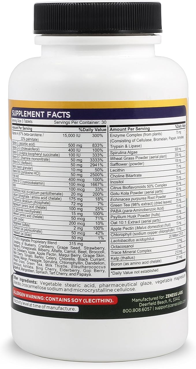 Zenesis Labs Essentials - a Natural &amp Nutrient Rich Multi-Vitamin - with Minerals Enzymes Amino Acids Antioxidants and Probiotics - 90ct