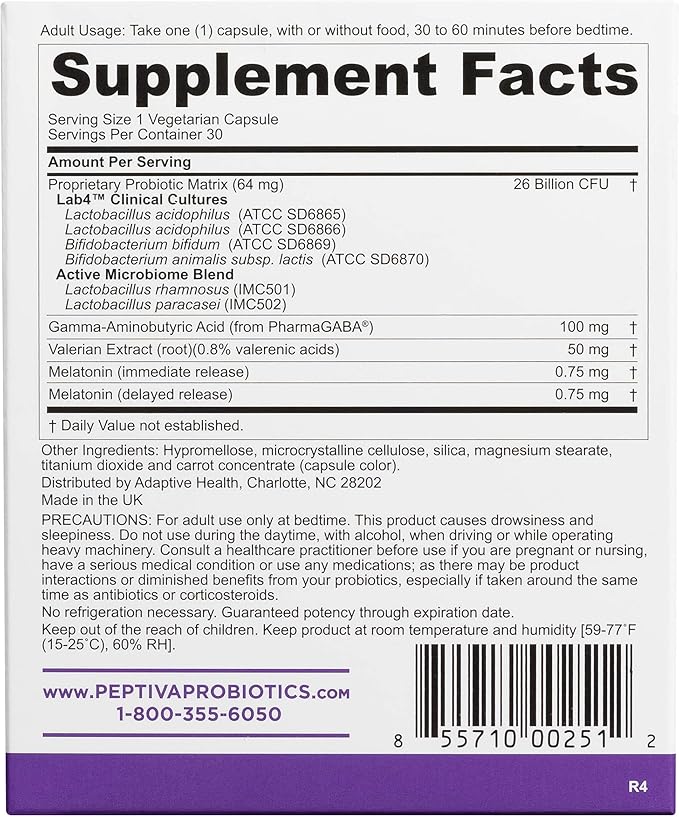 Peptiva 26 Billion CFU Probiotic and Sleep Support - Clinically Validated Multi-Strain Probiotic - Lactobacillus and Bifidobacterium Melatonin - 30 Count