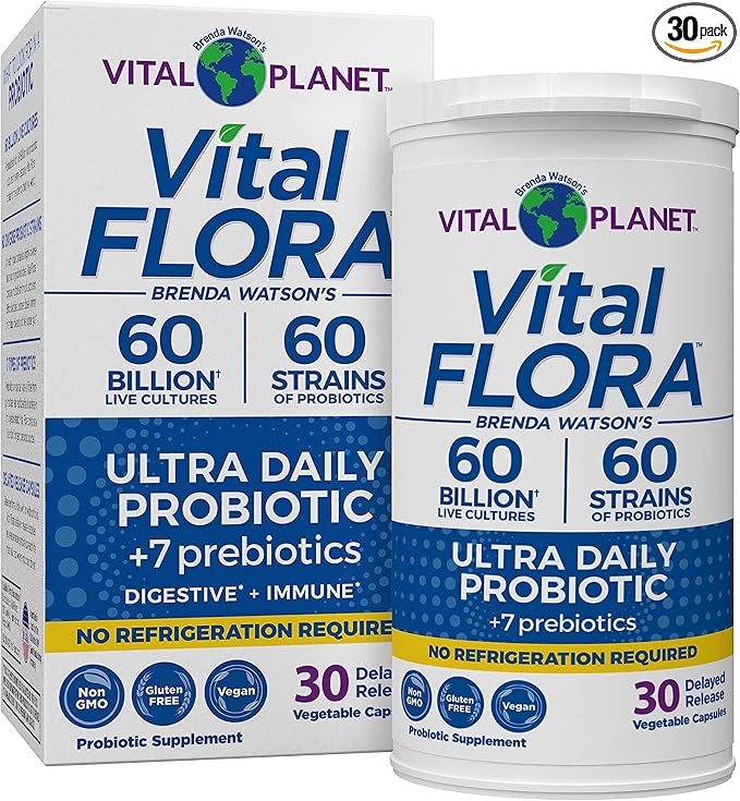 Vital Planet - Vital Flora Ultra Daily Probiotic 60 Billion CFU 60 Diverse Strains 7 Organic Prebiotics Immune Support Digestive Health Shelf Stable Probiotics for Women and Men 30 Capsules