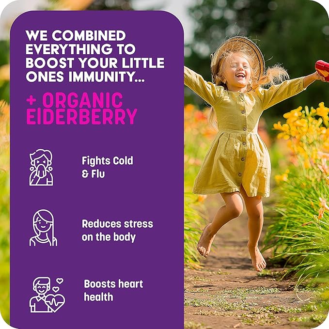 GreenPeach Liquid Immune Support for Kids – Organic Elderberry Syrup with Vitamin C D E &amp Zinc | Toddler &amp Infant Immune Booster
