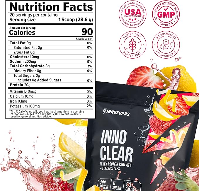 Inno Clear Whey Protein Powder - 20g Ultra-Filtered Clear Protein Powder Refreshing Taste &amp Texture Low Calorie Zero Sugar - for Training Workout Recovery &amp Daily Fitness (Strawberry Lemon