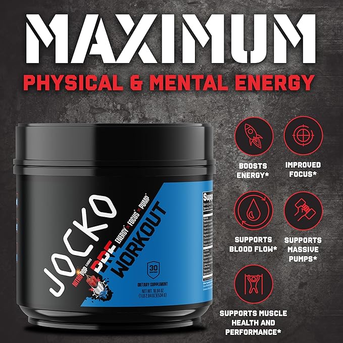 Jocko Fuel Pre Workout for Men &amp Women - High Stim Low Sugar Blend with Beta Alanine + L-Citrulline Support Muscle Pump Energy &amp Recovery 200mg of Caffeine Nitro Pop 30 Servings 1.31lbs (