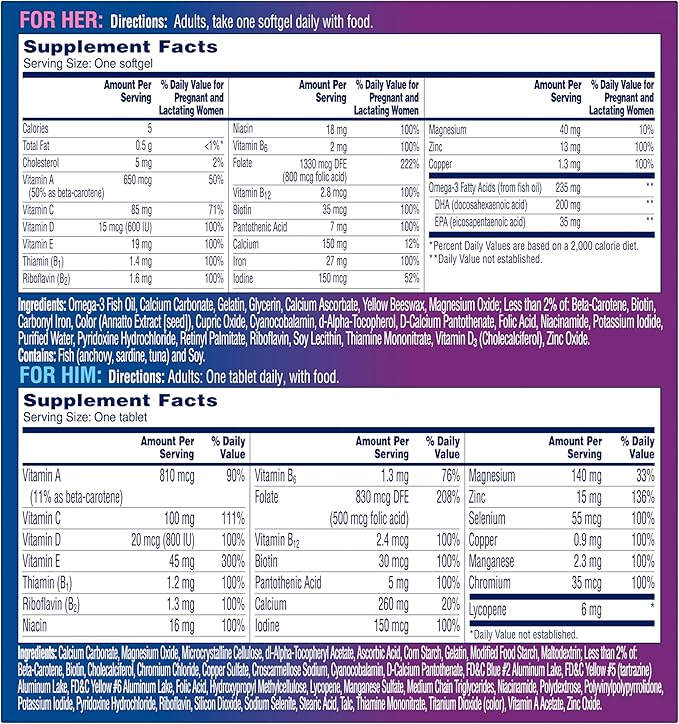 One A Day Men's &amp Women's Pre-Pregnancy Multivitamin Softgel including Vitamins A Vitamin C Vitamin D B6 B12 Folic Acid &amp more 30+30 Count Supplement for Before During and Postnatal