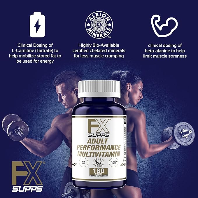 FXSUPPS Performance Multi-Vitamin with Amino Acids Beta-Alanine and L-Carnitine Enhanced Performance and Recovery 180 Tablets - Made in USA