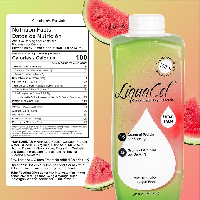 LiquaCel Concentrated Liquid Protein Watermelon Flavor Ready-to-Drink 16g Hydrolyzed Collagen Protein and 2.5g Arginine Per 1oz Serving Sugar &amp Gluten Free 32 fl oz Bottle