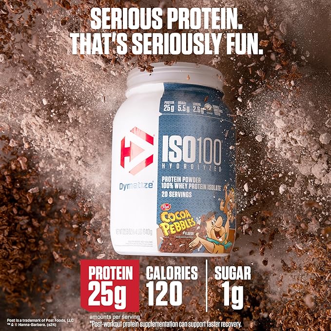 Dymatize x Cocoa Pebbles ISO100 Whey Protein Powder Isolate 25g of Protein 20 Servings 5.5g BCAAs 120 Cal. Gluten Free 1g Fat 1g Sugar 2g Carb