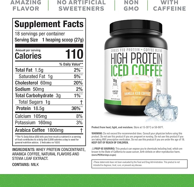 Iced Coffee High Protein Coffee Keto Friendly 18g of Protein 2g Carbs Natural Ingredients (18 Servings Vanilla Latte)