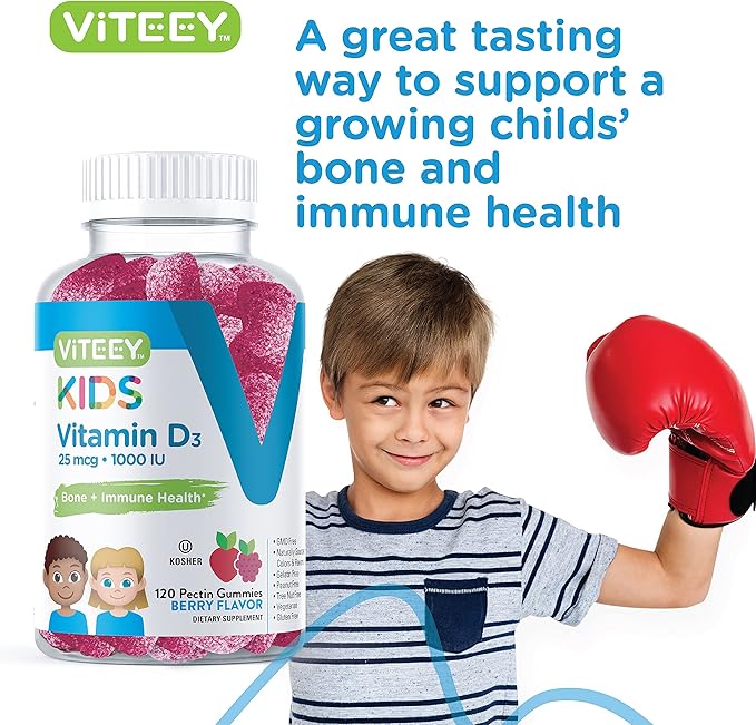 Viteey Vitamin D3 Kids Gummies 25mcg 1000 IU - Bone Health Immune Health Joint Muscle Support - Vegetarian Gelatin Free Gluten Free GMO Free - Tasty Chewable Berry Flavored