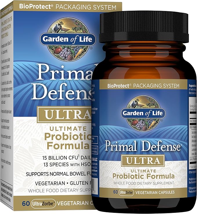 Garden of Life Probiotics for Digestive Health and Gut Health Balance Primal Defense Ultra Ultimate Formula 15 Billion CFU and 13 Strains Plus HSOs Vegetarian and Gluten Free 60 Capsules