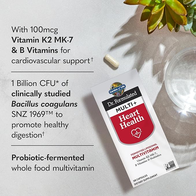 Garden of Life Dr. Formulated Multi+ Heart Health - Fermented Liposomal Multivitamin + Vitamin K2 MK-7 B Vitamins &amp Probiotics - One a Day for Cardiovascular &amp Blood Vessel Function 30 Capsu