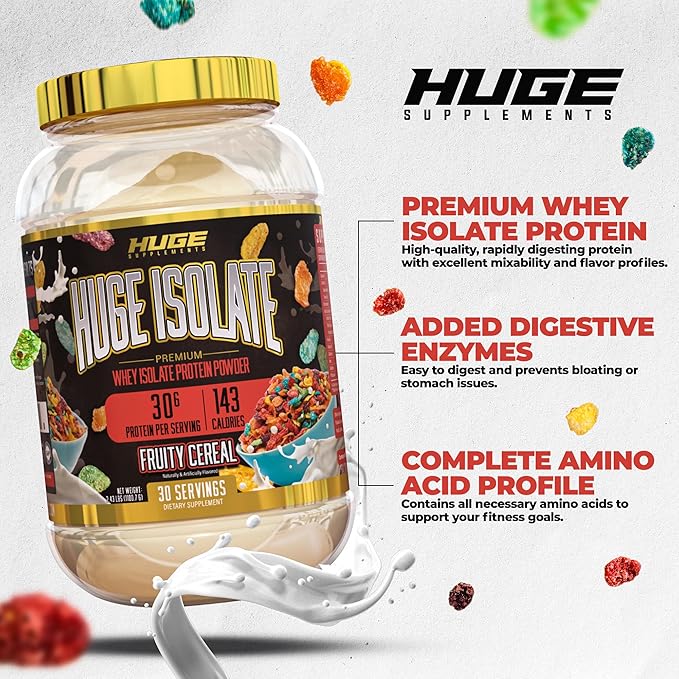 Huge Supplements Isolate Protein Powder - 30g Protein Per Serving Fast Digesting 14.5g Essential Amino Acids (30 Servings) (Fruity Cereal)