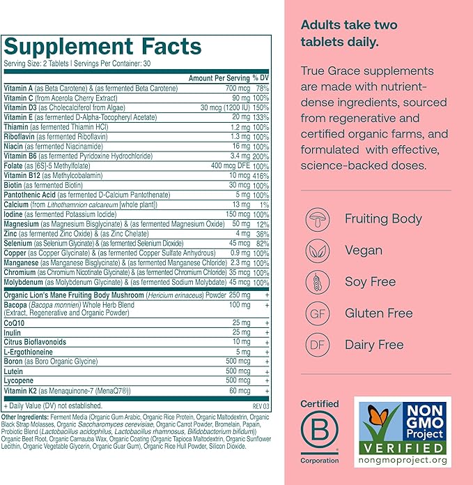 True Grace Daily Women’s Multivitamin 50+ - 60 Easy-to-Swallow Tablets - Immune Energy Longevity &amp Memory Support - Vegan - Gluten Soy &amp Iron Free - 30 Servings