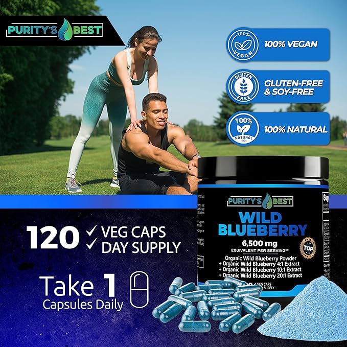 Purity’s Best Wild Blueberry Extract 6500 mg Strength 120 Vegan Capsules Rich in Flavonoids &amp Anthocyanins Antioxidant Support for Brain &amp Heart Health 4-Month Supply Non-GMO