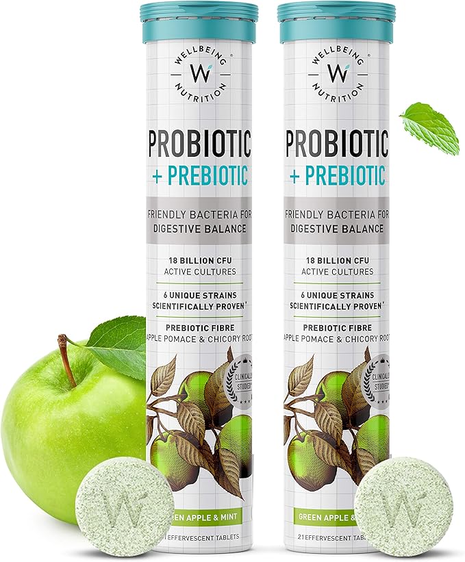 WELLBEING NUTRITION Daily Probiotic + Prebiotic| Plant Based |18 Billion CFU 6 Strains for Men &amp Women with Organic Prebiotic Fiber for Digestion Gut Health Metabolism | 42 Effervescent Tabs