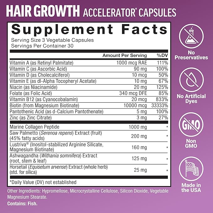 Force Factor Hair Growth Accelerator Multivitamin for Women &amp Men with Lustriva Biotin Horsetail &amp Vitamins A B12 C D &amp E for Thicker Hair Healthier Skin &amp Nails + Saw Palmetto