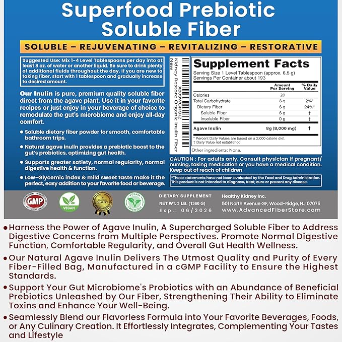 Organic Inulin Powder (48oz/3 lbs) Gentle Agave Prebiotic Soluble Fiber Supplement for Digestive Support Gut Health Vegan Baking Smoothies &amp Drinks